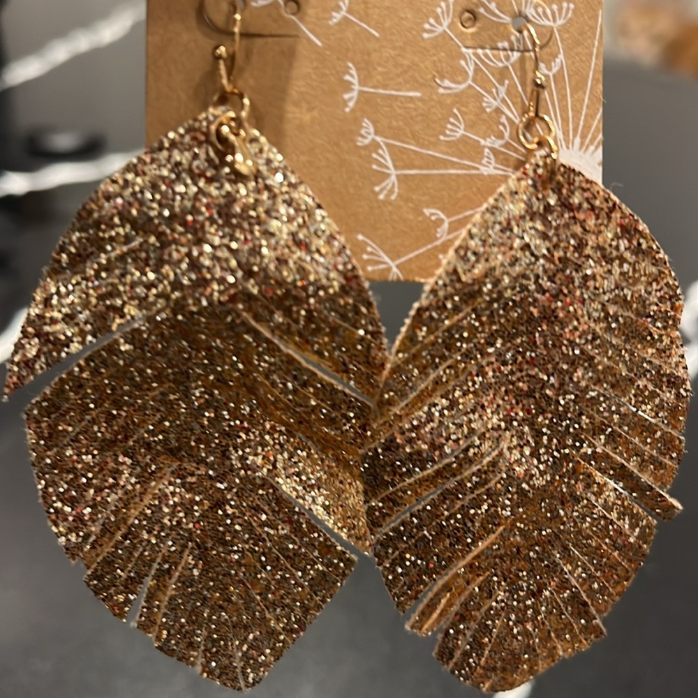 NWT Rose Gold Glitter Leaf Hook Earrings Lightweight